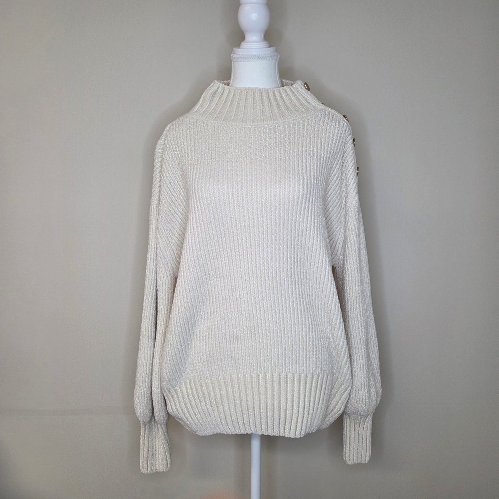 Cynthia Rowley Chenille Mock Neck Sweater Gold Shoulder Button Cream Large